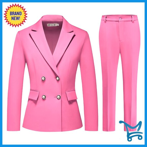 Women's Double Breasted Blazer & Pants Suit Set Polyester Viscose Spandex